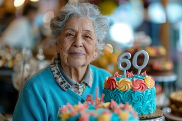 Happy 60th birthday celebration for a senior woman, cake with colorful icing in front, festive mood high detailed
