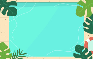 Top View of Swimming Pool Frame Background in Summer Holiday with Leaves and Copy Space