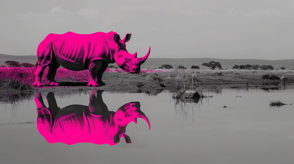 A neon pink rhino is walking through a field of grass. a black and white photo showing a bright...