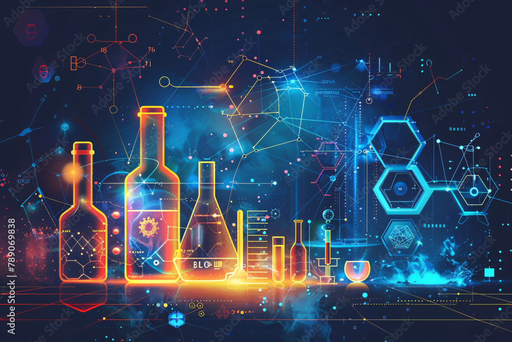 Poster laboratory flasks with digital science graphics overlay wallpaper background