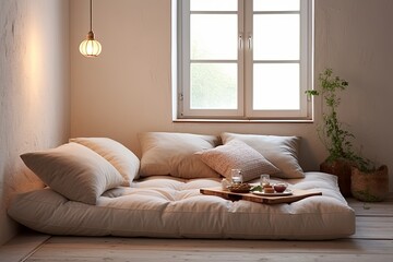 Zen Garden Corner: Simple Futon in Minimalist Space for Digital Detox