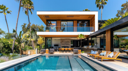 Fototapeta na wymiar minimalist contemporary modern house with glass windows and wood accents. swimming pool in front of the home with outdoor seating and palm trees