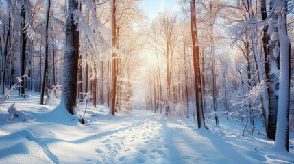 A panoramic view of a snow-covered forest in winter, with bare trees dusted in frost and a blanket of white snow covering the forest floor, a serene winter wonderland.