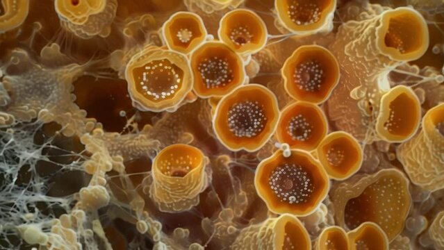 A closeup view of a euglenoid colony with multiple cells attached to each other. The cells are varying in size and shape with some . AI generation.