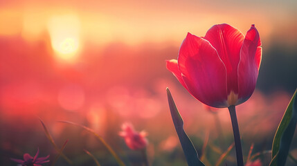 High resolution low angle close up macro photography of beautiful red flower in front of sunrise in winter with copy space. Warm sunshine made red petal transparently and turn in to pink flower - Powered by Adobe
