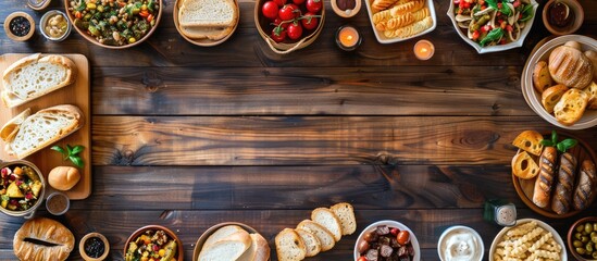 Mediterranean cuisine and bread arranged along the edges of a table. Empty space in the center on a dark wooden background.