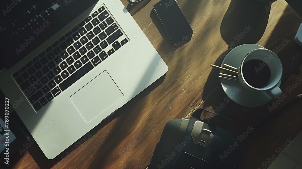 Poster designer office desk table with laptop with it gadgets cup of coffee and supplies top view with copy