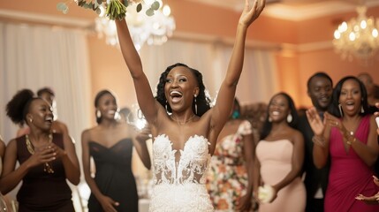 bride tossing her bouquet to excited single ladies during the wedding reception at a hotel venue - obrazy, fototapety, plakaty