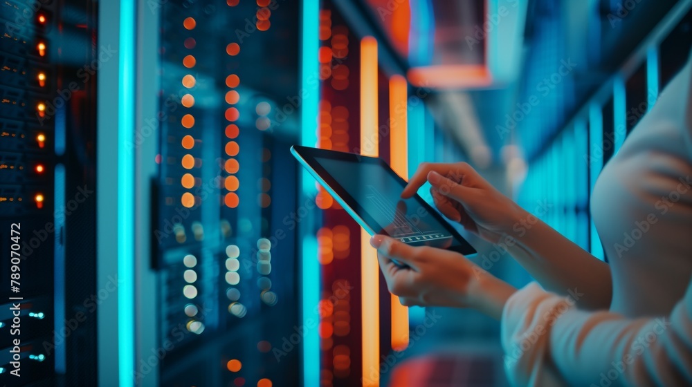 Poster A female engineer in a data center shows a high level of expertise in programming, developing and improving software for efficient storage and processing of information in a data center