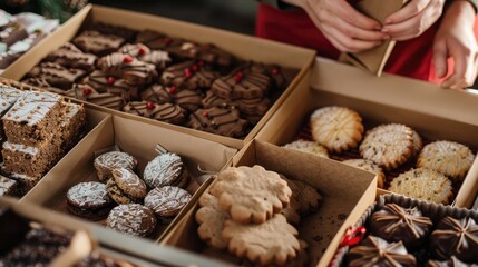 baker packaging assorted cookies and brownies into gift boxes for holiday presents