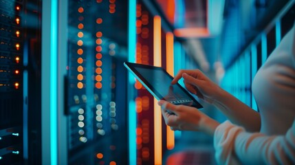 A female engineer in a data center shows a high level of expertise in programming, developing and improving software for efficient storage and processing of information in a data center