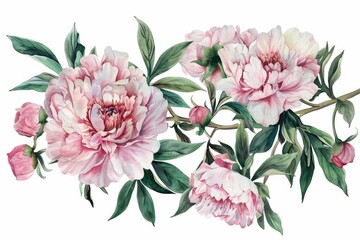 Watercolor peony clipart with delicate petals and vibrant hues. flowers frame, botanical border,  white background, watercolor illustration, botanical painting. 