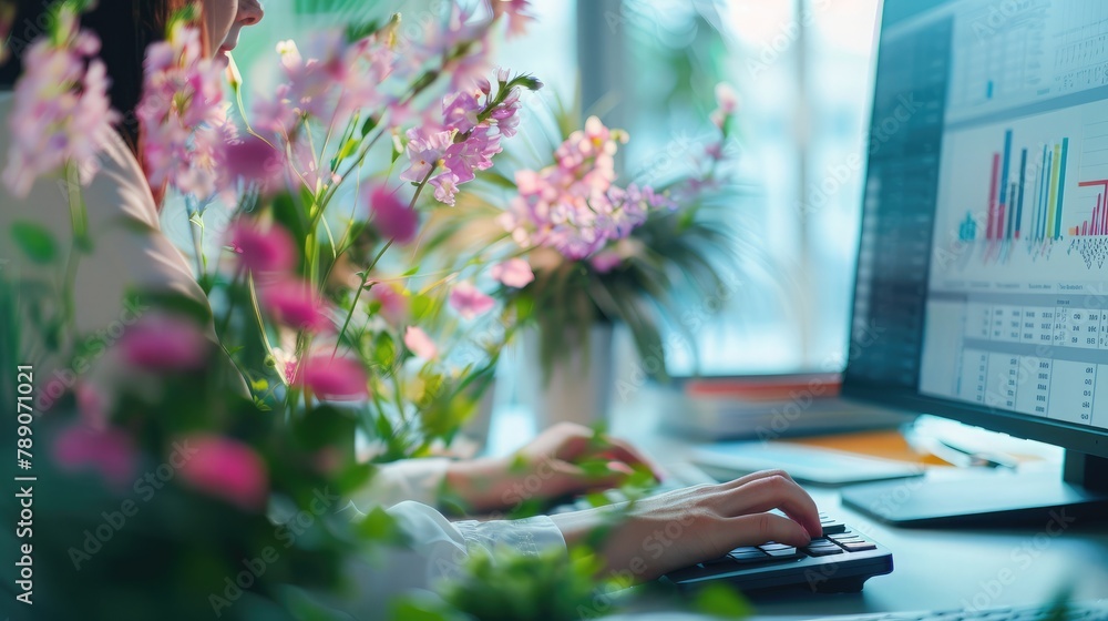 Poster accountant managing financial data on a computer amidst the tranquility of a flower-filled setting