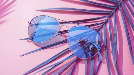 blue sunglasses are on the branch of a palm tree on a pink background fashion flat lay : Generative...