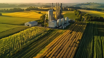 aerial view of a biomass power plant surrounded by fields of crops, illustrating the use of organic waste to generate renewable energy and promote agricultural sustainability