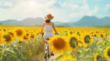Fototapeten woman riding a bicycle through fields of blooming sunflowers, enjoying the sights and scents of summer in the countryside. © buraratn
