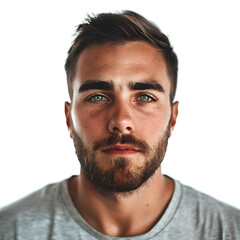 Portrait of a man, Handsome man with beard, straight face, Isolated on transparent background.