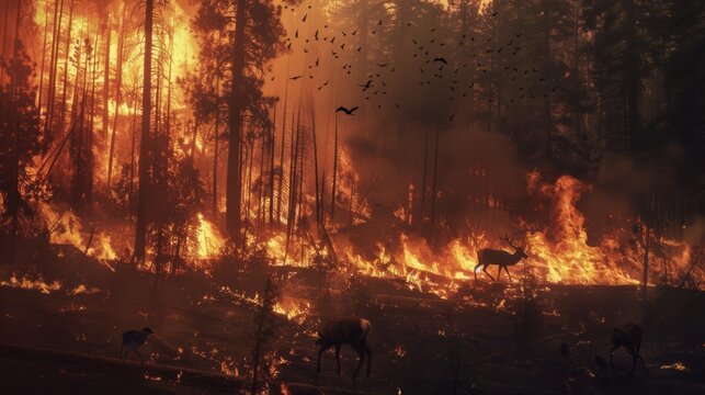 A poignant image of wildlife fleeing a forest fire, with animals such as deer and birds scrambling to escape the advancing flames, highlighting the impact of wildfires on ecosystems.
