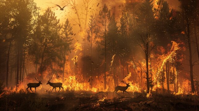 A poignant image of wildlife fleeing a forest fire, with animals such as deer and birds scrambling to escape the advancing flames, highlighting the impact of wildfires on ecosystems.