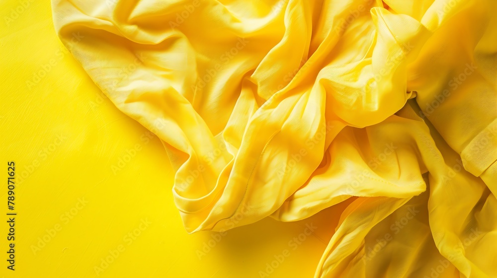 Aufkleber top view with yellow empty kitchen napkin isolated on table background Folded cloth for mockup with copy space Flat lay Minimal style : Generative AI