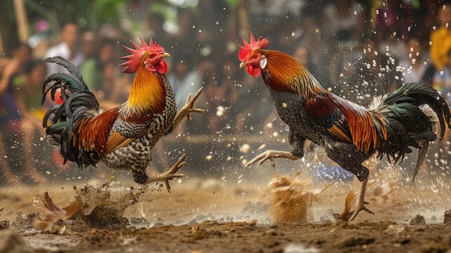 Two roosters fiercely facing off in a traditional cockfighting arena, feathers ruffled and beaks poised
