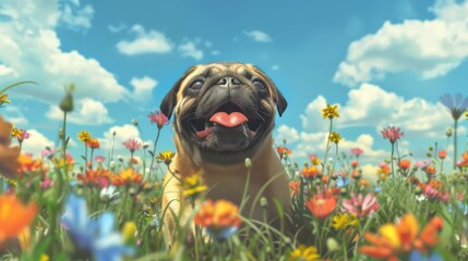 A pug frolicking in a field of wildflowers, its tongue lolling out in happiness as it enjoys the simple pleasures of outdoor exploration. - obrazy, fototapety, plakaty