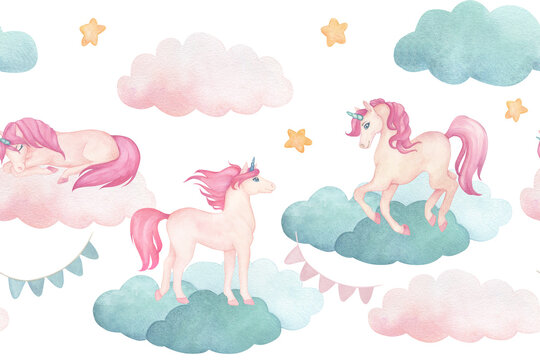 Watercolor seamless border or frame with illustration of cute cartoon fairytale pink unicorns , flags and clouds. For decorating children's room, wallpapers, cards and invitations