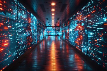 A corridor flooded with neon lights reflecting a high-tech, cyber environment ideal for sci-fi - obrazy, fototapety, plakaty