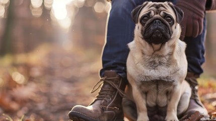 A pug sitting obediently next to its owner, showcasing the loyalty and devotion that these dogs...