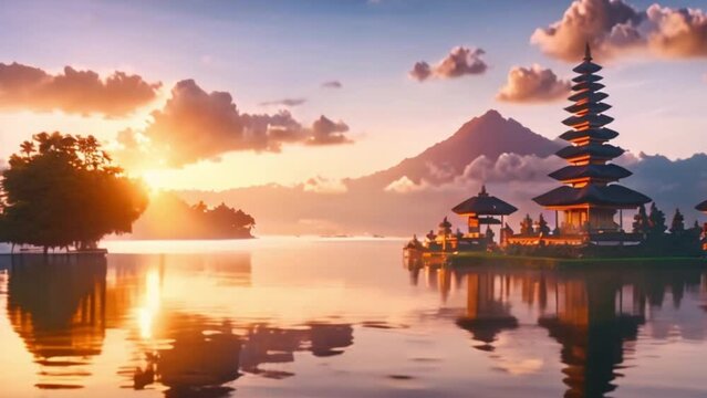video Ulun Danu Bratan temple, famous Hindu temple on Brata lake at sunrise in Bali, Indonesia