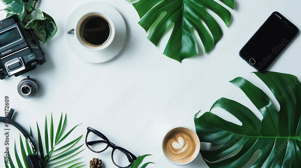 Poster flat lay blogger workspace mockup with tropical leaves coffee and accessories on white background co