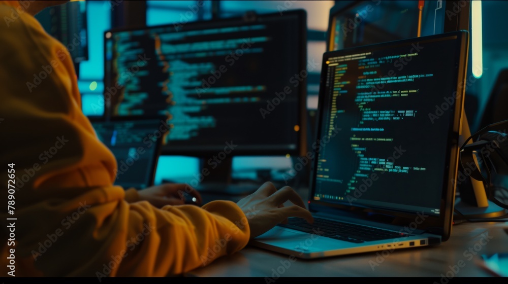 Aufkleber The female engineer at the data center has in-depth knowledge of programming and data protection, developing and implementing innovative solutions to ensure network security and efficiency.