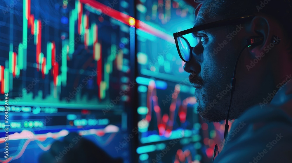 Poster stock trader analyzes market data on their computer, equipped with the tools and knowledge to naviga