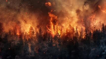 Fototapeta na wymiar A raging wildfire engulfing a forest in flames, with billowing smoke and fiery embers rising into the sky, illustrating the destructive power of nature's fury.