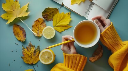 Autumn flat lay  colorful autumn leaves a cup of tea with lemon clean week planner female hands in a yellow hoodie pencil in hand : Generative AI