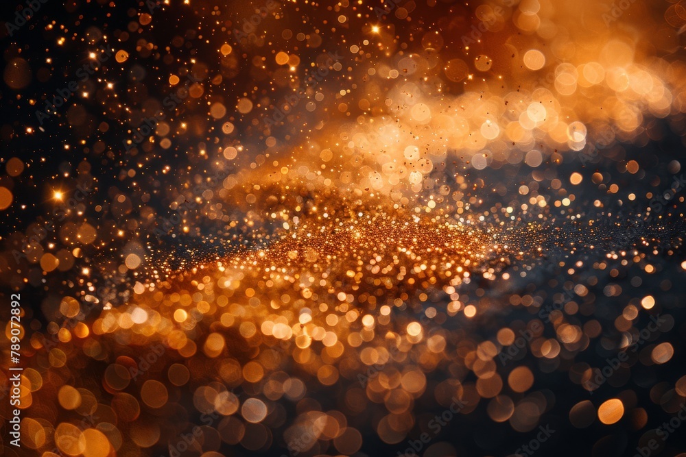 Poster a mesmerizing display of golden sparkling particles on a dark backdrop, suggestive of cosmic or magi
