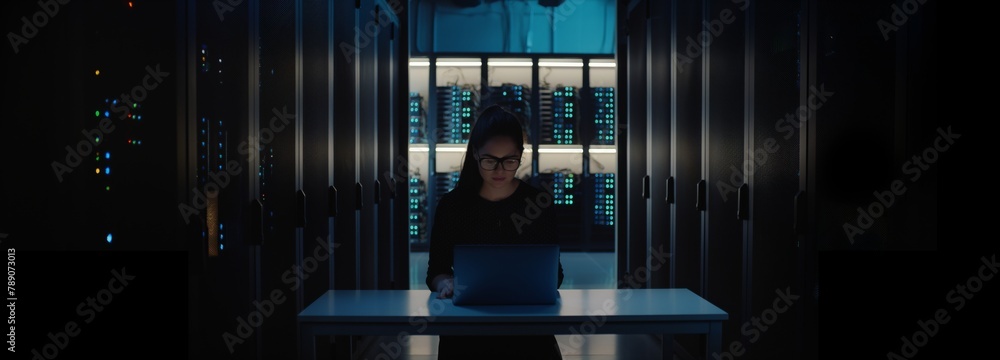 Poster A female technical specialist in a data center implements and maintains cloud storage infrastructure, ensuring the reliability and availability of data for users.
