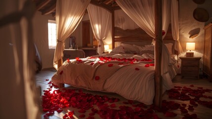 A romantic bedroom setting with rose petals scattered on a canopy bed, creating an atmosphere of intimacy and love. - obrazy, fototapety, plakaty