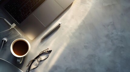 Desk with laptop eye glasses earphone pen and a cup of coffee Top view with copy space : Generative...