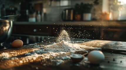 Flat lay White flour sprinkled on a kitchen counter after baking : Generative AI