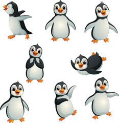 Collection of cartoon penguin isolated on white background 