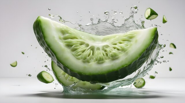 A photorealistic depiction of a falling cucumber slice isolated on a white background. The scene is captured with studio lighting to ensure accurate color representation and realistic shadows. Shot wi