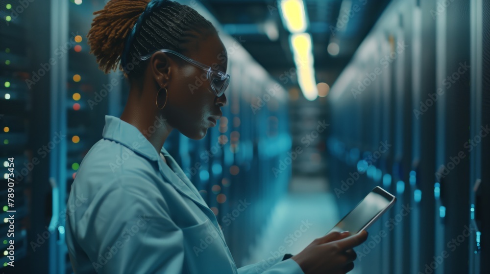 Poster A female Internet technology specialist in a data center uses her tablet to analyze and test the effectiveness of data security measures aimed at protecting sensitive information.