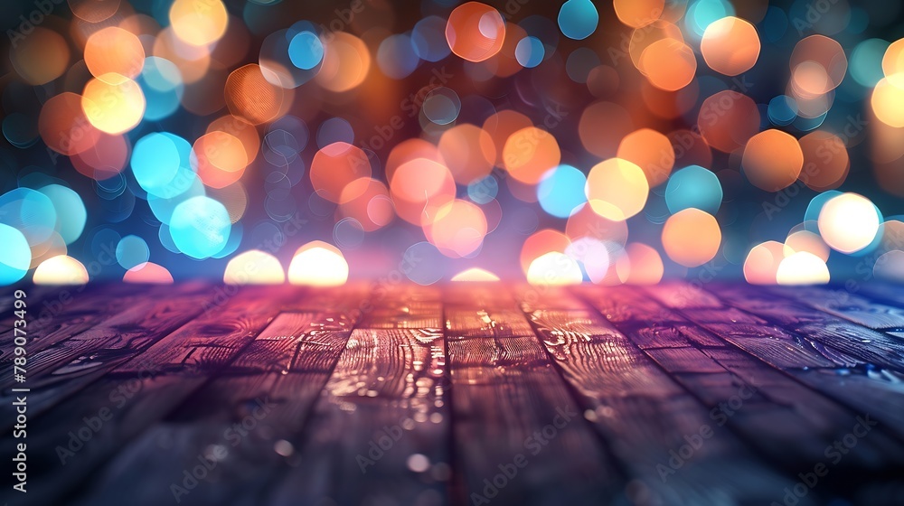 Poster wooden table blurred bokeh background background neon light night view closeup the general backgroun