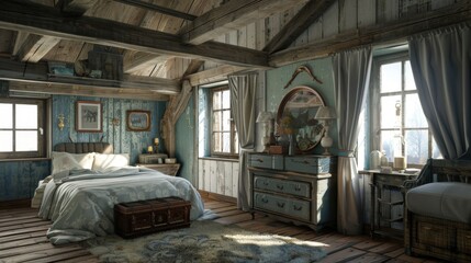 A rustic farmhouse bedroom with exposed beams and vintage furniture, evoking a cozy and nostalgic charm in country living.