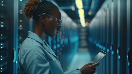 A female Internet technology specialist in a data center uses her tablet to analyze and test the effectiveness of data security measures aimed at protecting sensitive information. - obrazy, fototapety, plakaty
