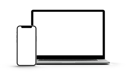 Laptop and Smartphone mockup isolated with transparent screen and shadows png frontal