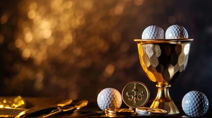Naklejka premium Gold cup with prize medals golf club and balls on dark background : Generative AI
