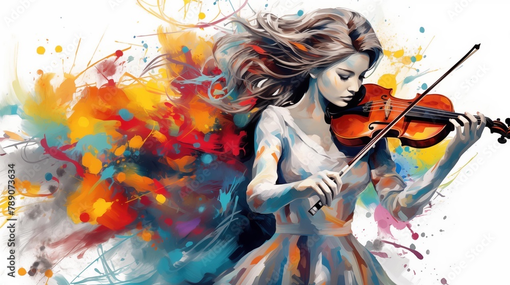 Wall mural Abstract and colorful illustration of a woman playing violin on a white background