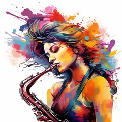 Abstract and colorful illustration of a woman playing saxophone on a white background - obrazy, fototapety, plakaty